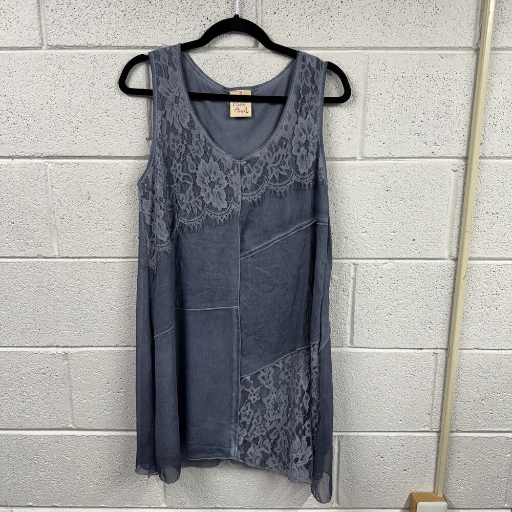 Pretty Angel Tunic Dress Size S Fairy Grunge Lace Whimsical Lagenlook Smoke Blue